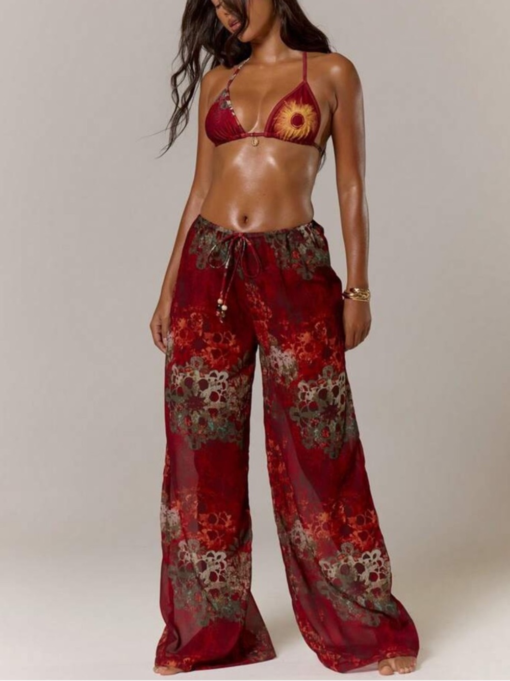 Red Floral Wide-Leg Beach Pants with Matching Bikini